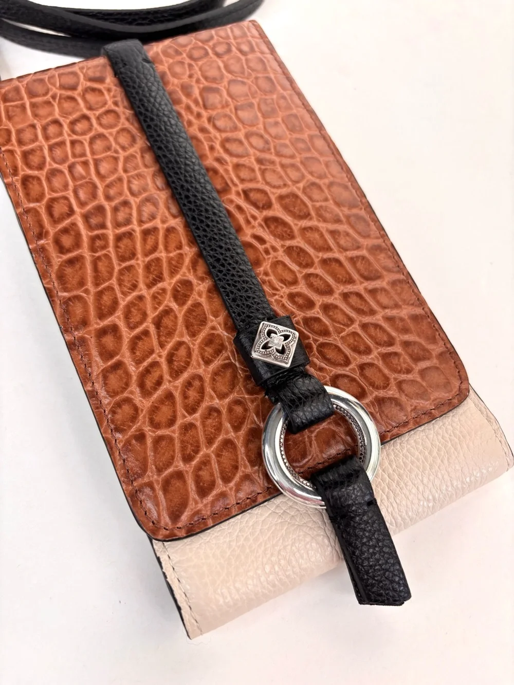 Brighton Toledo Brown Croc-Embossed & Cream Leather Crossbody Phone Wallet Bag